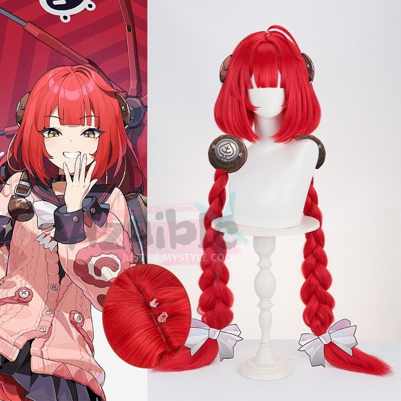 Azuiblc　ゼンゼロ 浮波柚葉 赤ウィッグ　前髪40cm　ポニーテール105cm 高温処理可 - Azuiblc