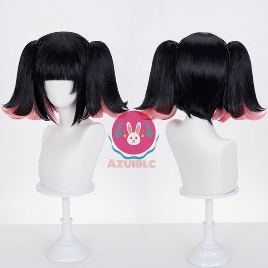【Azuiblc】Zenless Zone Zero Nanguu Yu Cosplay Wig, Black Hair, Twintails, Pink Highlights, with Wig Cap, Heat Resistant, Costume Prop