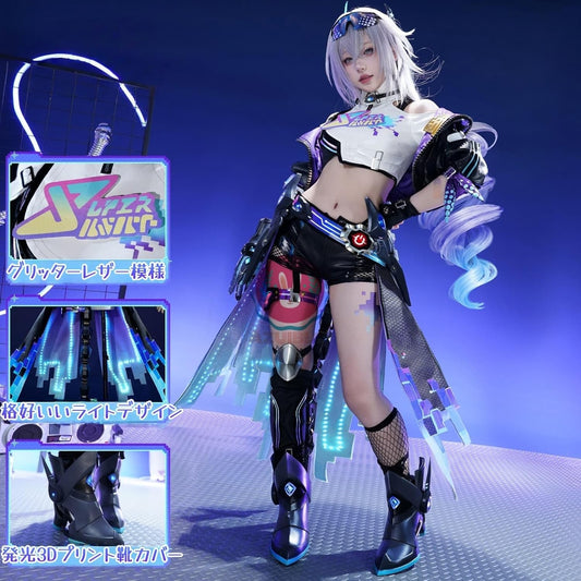 【Azuiblc】Honkai Star Rail Silver Wolf LV.999 Cosplay Costume with Light-up Shoe Covers, Tail, 3D Printed Metallic Accessories Cosplay Costume Set