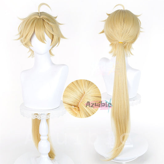 Azuiblc Genshin Impact Aether Lumine A New World Wig Cosplay Prop Yellow Wig Event Accessory