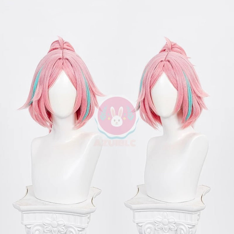 Azuiblc 崩壊 スターレイル 乱破 コスプレ ウィッグ ピンク ポニーテール 水色 グラデーション ネット付き 耐熱 かつら 鬘 WIG ロング コスプレ道具 小物 - Azuiblc