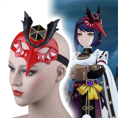 Azuiblc　原神 げんしん タルタリヤ 魔王武装 　 魈（しょう ） ショウ 　九条裟羅 天狗のお面　狐のお面 樹脂製 巫女 花散里 神里綾華 稲妻 お土産 白 赤 祭り きつね キツネ マスク 頭飾り ヘアアクセサリー コスプレ道具 コスプレ 萌え 可愛い イベント プレゼント グッズ 道具 小物 - Azuiblc